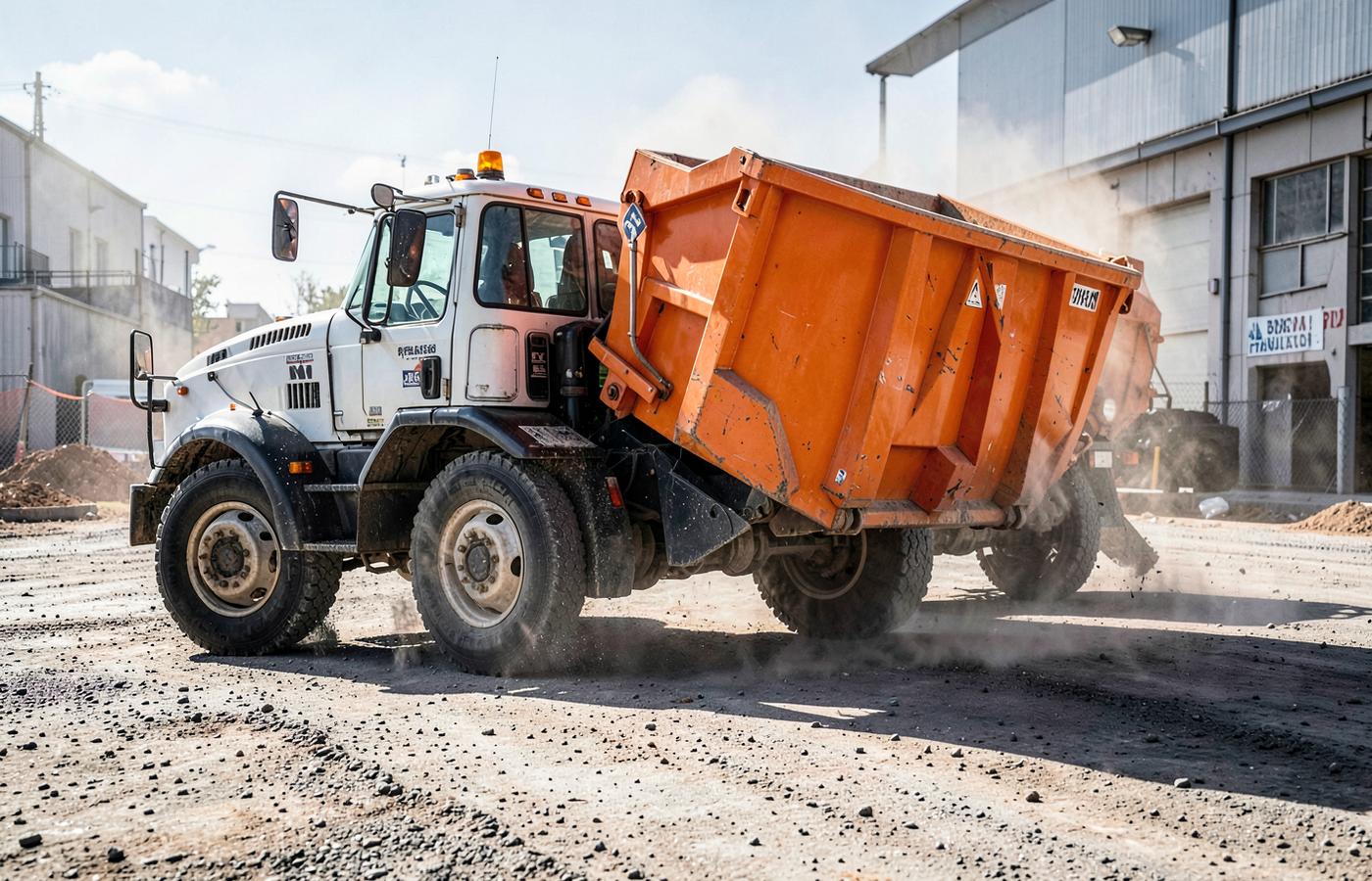 Roll-off truck delivering a dumpster